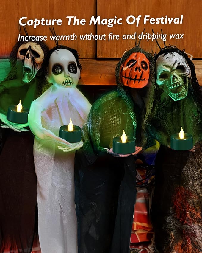 Green LED Candles, 12 Pack Tea Lights Candles Battery Operated, Flameless Tealight Candle, Realistic Tea Lights for Halloween Christmas Party Decor Mardi Gras