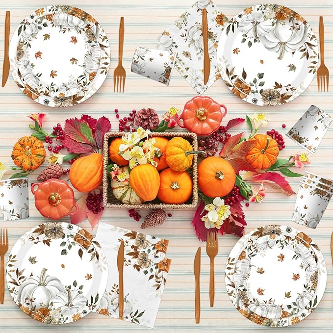 24 Sets Fall Paper Plates and Napkins,Little Pumpkin Baby Shower Decorations,Autumn-Themed Disposable Tableware for Thanksgiving,Harvest Parties,Floral Pumpkin Birthdays Party Supplies