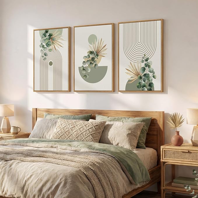 Framed Green Boho Wall Art for Living Room, 3 Piece Bohemian Botanical Canvas