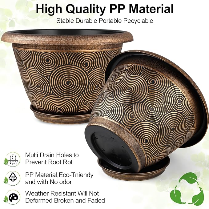 14 Inch Large Planter Pot for Plants Indoor Outdoor, 4 Pack Plastic Flower Pots with Drainage Hole & Tray, Modern Decorative Garden Pot with Saucer, Plant Container for House