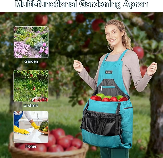 Garden Apron,Harvest Aprons with Drawstring Bag and Pockets for Women and Men,Canvas Fruit Picking Apron