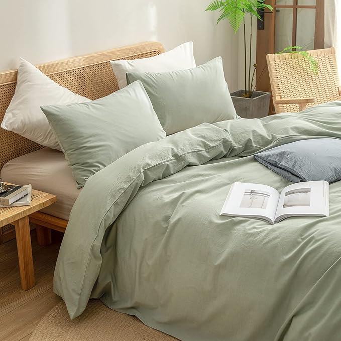 BESTOUCH Duvet Cover Set 100% Washed Cotton Linen Feel Super Soft Comfortable Chic Lightweight 3 PCs Home Bedding Set Solid Sage Green Super Queen