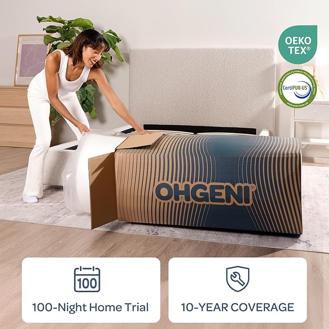 OhGeni 10 Inch Cooling Queen Size Mattress, Hybrid Gel-Infused Memory Foam Bed Mattresses in a Box, Medium Feel Cool Top Fabric, Home Gift for Mom, 3-Zone Design & Reinforced Edge Support, Black