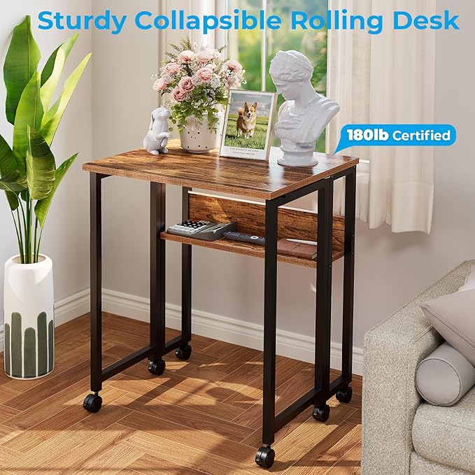 GreenForest Folding Desk Small Rolling Desk with Storage Shelf, 24.8 inch Foldable Computer Desk with Wheels for Small Space, Easy Assembly,Walnut