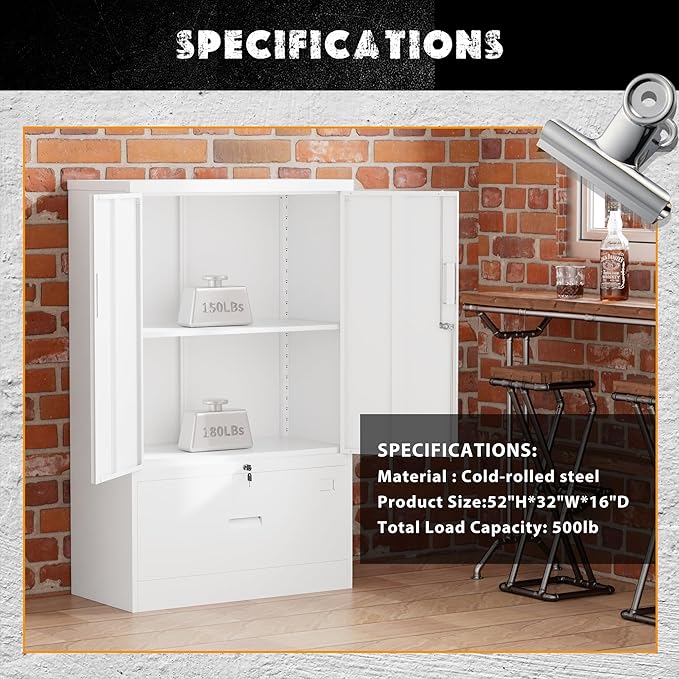 INTERGREAT Metal Storage Cabinet with Drawer,52" H*32" W*16" D File Cabinets,Steel Locking Storage Cabinet with Doors and Shelves for Home,Office,Garage,School,Fit A4/Letter/Legal File (White)