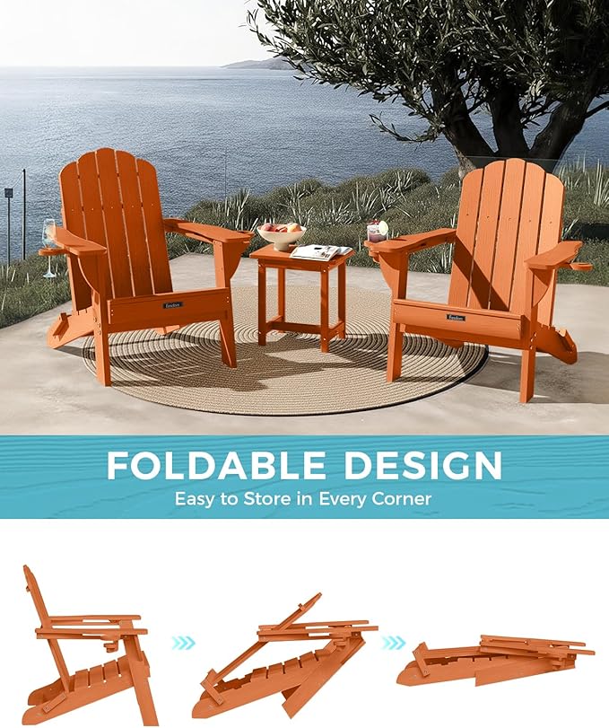 Adirondack Chairs Set of 6, Fire Pit Chairs, Wood Texture Patio Chairs with 2 Cup Holder, Outdoor Lawn Chair, Orange