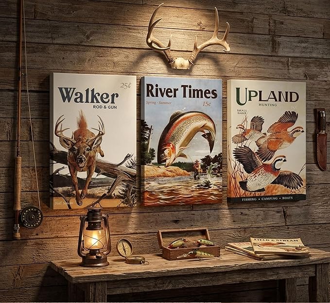 3Pcs Retro Hunting Canvas Wall Art Outdoorsy Wild Animal Wall Decor Pictures Nature Wilderness Deer Wild Duck Fishing Posters Prints Gift Send Hunter Dad For Farmhouse Living Room Bedroom Decoration