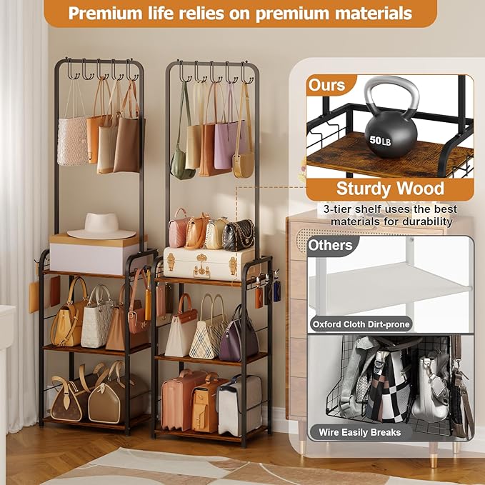 Floor-Standing Purse Organizer for Closet with 5 Hangers & 6 Side Hooks, Tall Purse Rack Stand for Purse Storage, High-Capacity Handbag Organizer, Multi-Purpose Purse Storage Organizer for Small Place