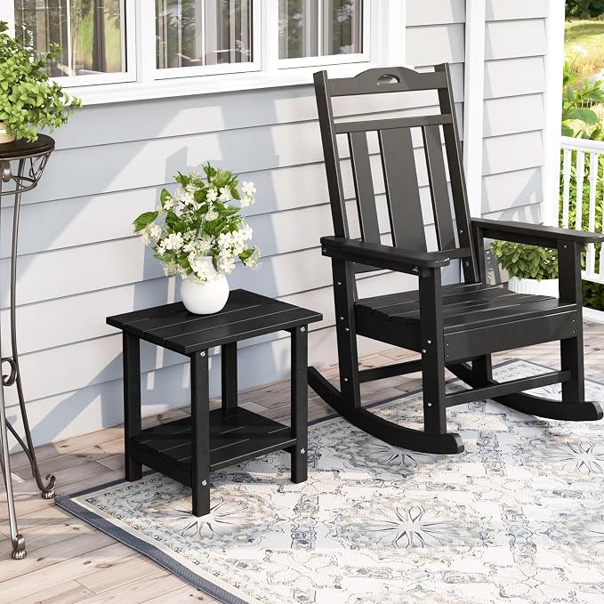 Adirondack Outdoor Side Table, 16.6" Small Patio End Table, 2-Tier HDPE Plastic Table for Poolside Porch Garden, Weather Resistant & Easy Assembly (Black, Rectangle)