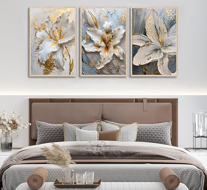 3Pcs Abstract Golden White Flower Wall Art Boho Gold Foil Blossom Canvas Oil Painting 2D Plane Textured Floral Wall Decor Nordic lily Posters Prints for Living Room Bedroom Office Pictures Unframed