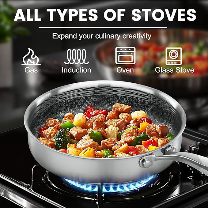 Non Stick Frying Pans,Hybrid Frying Pan with Lid,Non Toxic Frying Pans Nonstick,Stainless Steel Skillet,Dishwasher and Oven-Safe,Compatible with All Cooktops,Induction,11 in