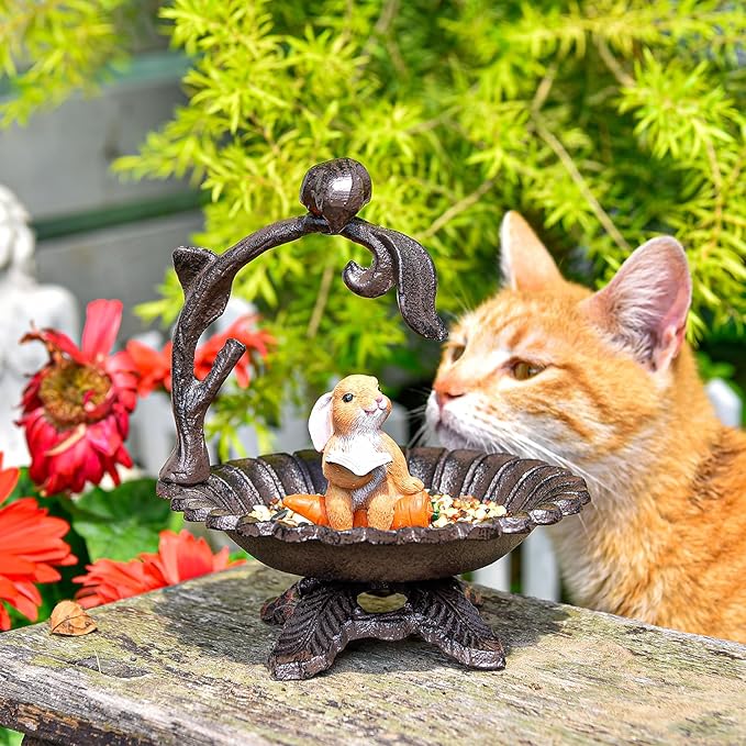 Sungmor Cast Iron Sunflower Birdbath for Outdoors, Vintage Small Fence Post Bird Feeder Bird Seed Tray, 6.1 Inch Patio Table Bird Bath Bowl, Home Garden Lawn Yard Decorations, Rustic Brown