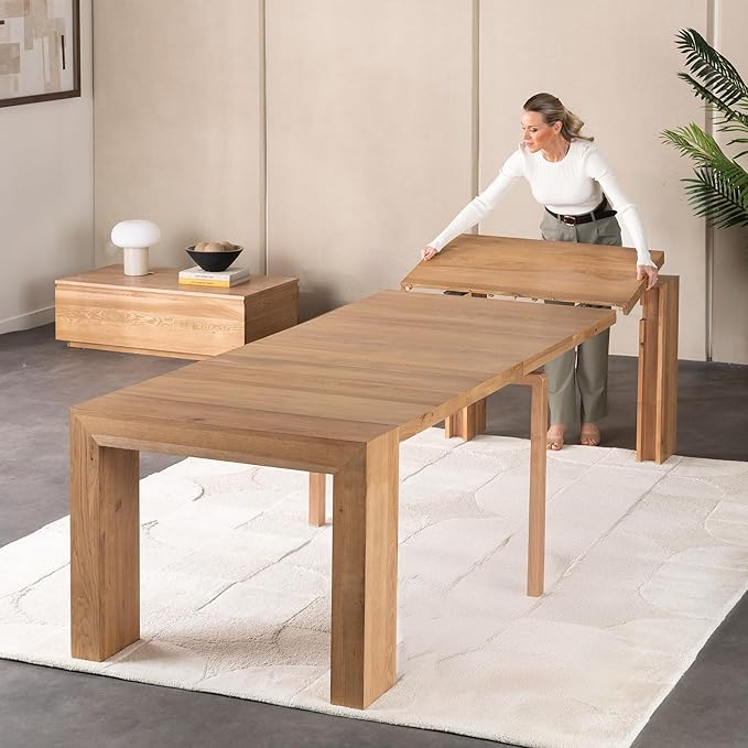 Transformer Table - Solid Wood Extendable Dining Table, Seats 2-12, Expandable Dining Room Table, Space-Saving Furniture, Kitchen and Dining Room Furniture (Natural, Table + Coffee Table)