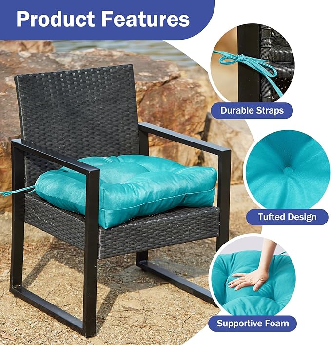 IPYNBAP Outdoor Chair Cushions Set of 2, Patio Chair Cushions with Ties, 19x19+5” Tufted Outdoor Seat Cushions, Waterproof Patio Furniture Cushions, Outdoor Dining Chair Pads, Teal