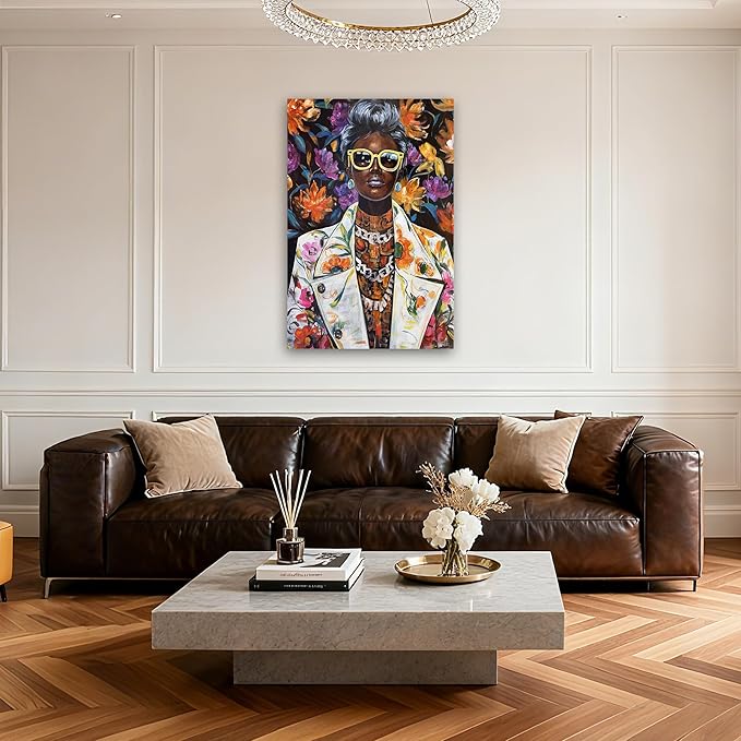 YETHEN WAL 24x36 inch Black Woman Portrait Wall Art – African American Afrocentric Floral Canvas Print, Modern Glam Black Woman Wall Decor for Living Room, Bedroom, Office, Vertical Fashion Artwork