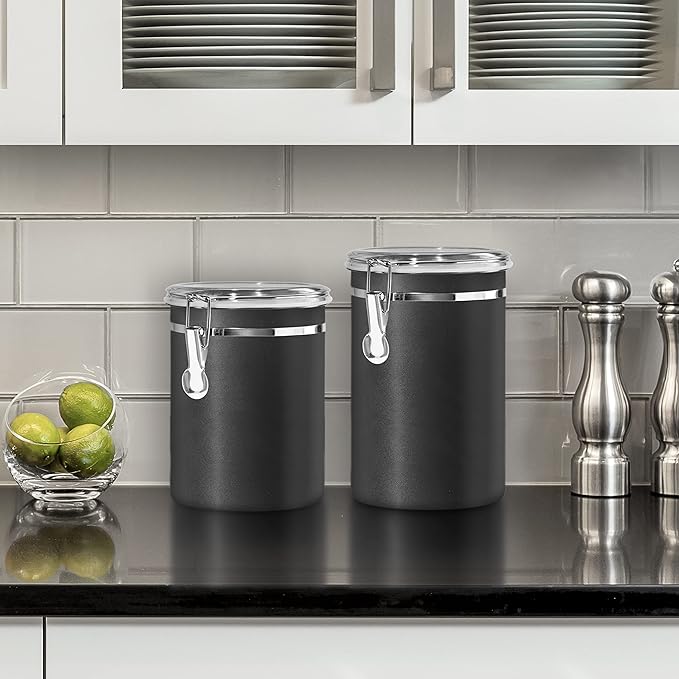 Oggi Stainless Steel Kitchen Canister 36 fl oz, Black - Airtight Clamp Lid, Clear See-Thru Top - Ideal for Kitchen Storage, Food Storage, Pantry Storage. Size 5" x 4.75".