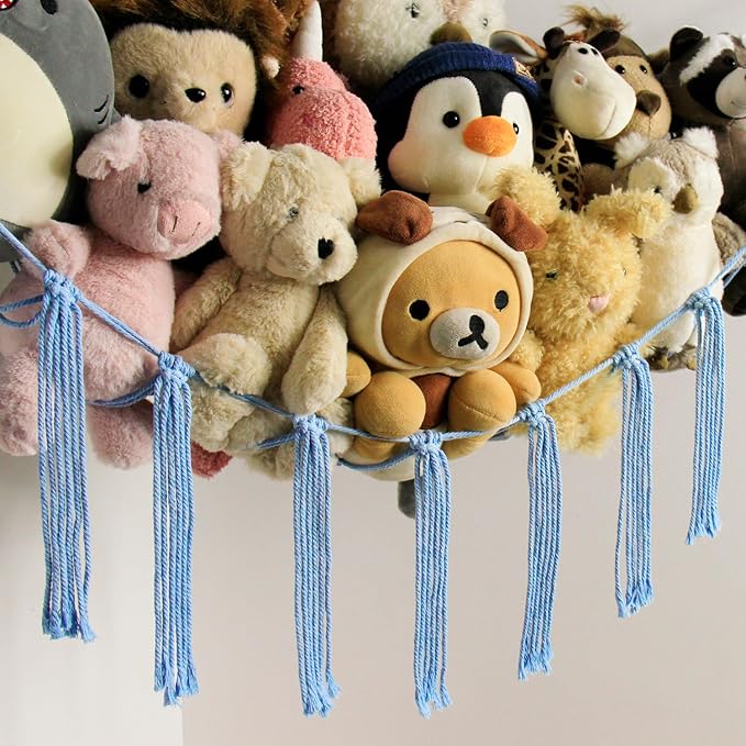 Stuffed Animal Storage Hammock Net - Toy Hammock Net for Stuffed Animals Corner - Hanging Stuff Animal Organizer Holder Large Size Baby Nursery Room Decor-Blue