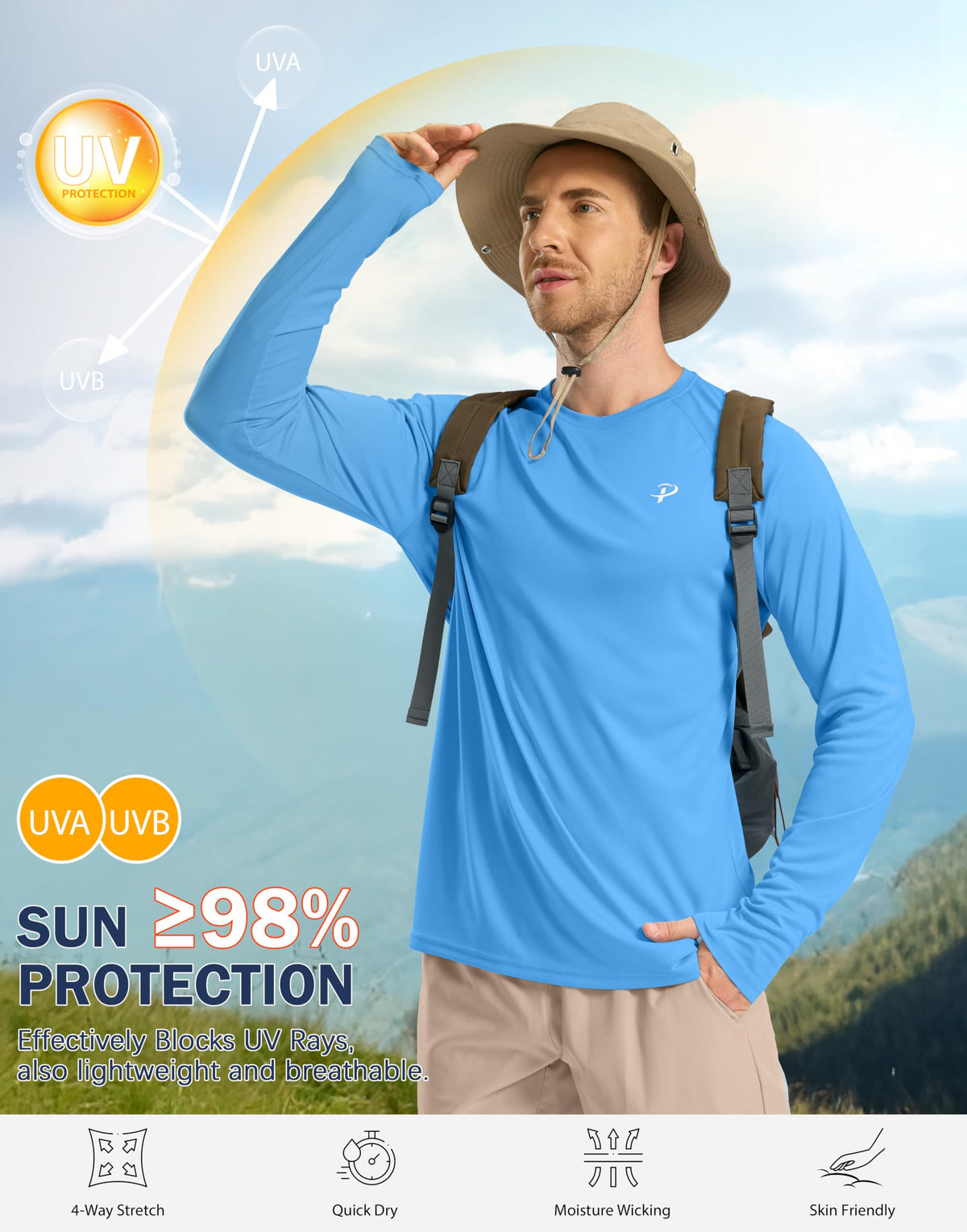Pudolla Mens Sun Protection Shirts UV SPF T-Shirts UPF 50+ Long Sleeve Rash Guard Fishing Running Quick Dry(Sky Blue XL)