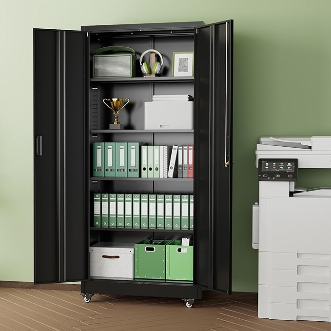 INTERGREAT Metal Storage Cabinet with Wheels, 73" H Rolling Metal Cabinets with Doors and Shelves, Black Steel Lockable Cabinet on Wheels for Garage Storage
