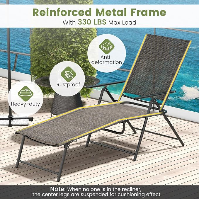Giantex Lounge Chair Outdoor Set of 2 - Tanning Chair with 6 Adjustable Backrest, 2-Level Footrest, Folding Sunbathing Lounger for Patio, Poolside, Yard, Chaise Lounge Chair, Beach Chair (Brown)