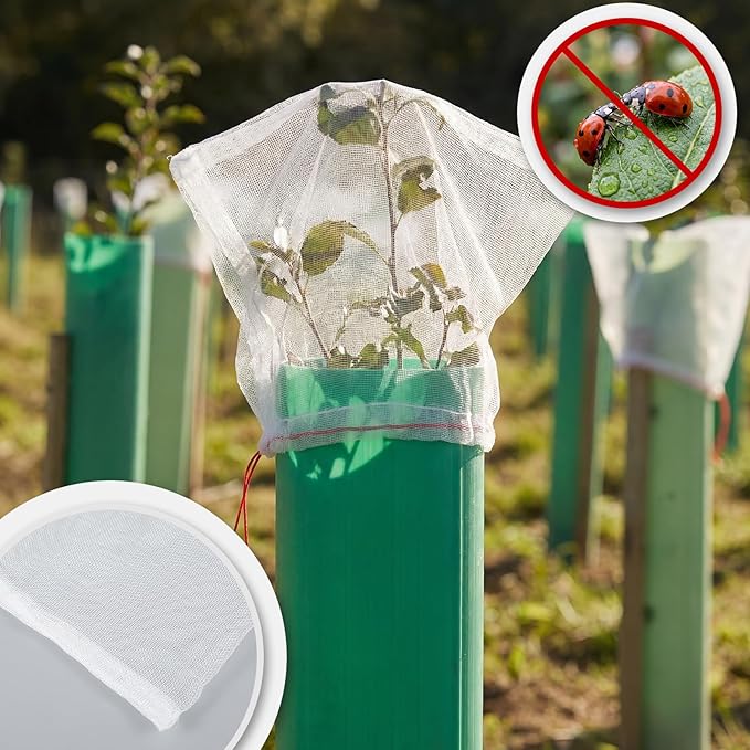 SATINIOR 60 Pcs Seedling Protection Garden Mesh Insect Netting Pest Barrier Bag with Drawstring Tubes Tree Guard Sleeve Tree Tubes Net for Outdoor Plant Landscaping