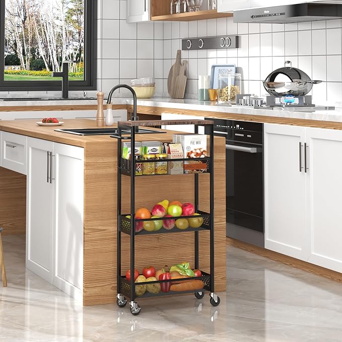 Slim Storage Cart 4 Tier Narrow Kitchen Rolling Cart on Wheels for Small Space, Mobile Utility Cart Shelving Unit with Wooden Top and Metal Handle for Kitchen, Bathroom, Laundry Room