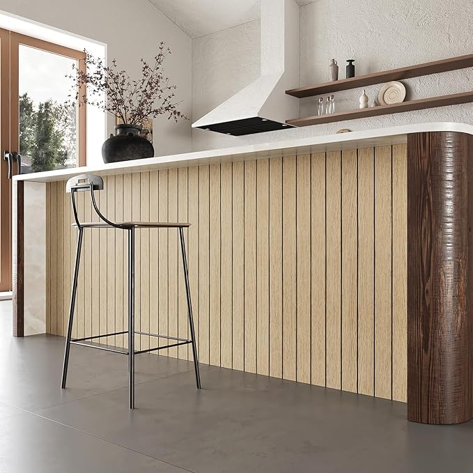 VEELIKE Light Oak Wood Wall Panels Peel and Stick Foam Slat Wallpaper