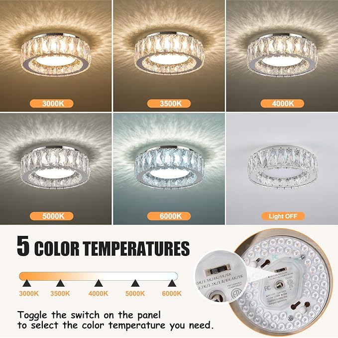 Dimmable Crystal Modern LED Flush Mount Ceiling Light,Chrome 11 Inch Small Chandelier 24W 5CCT 3000K-6000K Hallway Close to Ceiling Light Fixtures for Kitchen,Entryway,Laundry Room,Bedroom