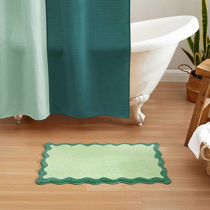 MONDAY MOOSE Bath Mat with Scalloped Wavy Ripple Design, Microfiber Absorbent Non Slip Tufted Rug for Floor, Shower or Kitchen (16x24 inch, Teal Green)