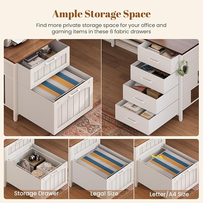 SEDETA Farmhouse L Shaped Office Desk with 6 Drawer, Reversible Computer Desk with Power Outlet, Hutch for Home Office/Two Person, Corner Desk with File Drawer & Printer Storage Shelves, White