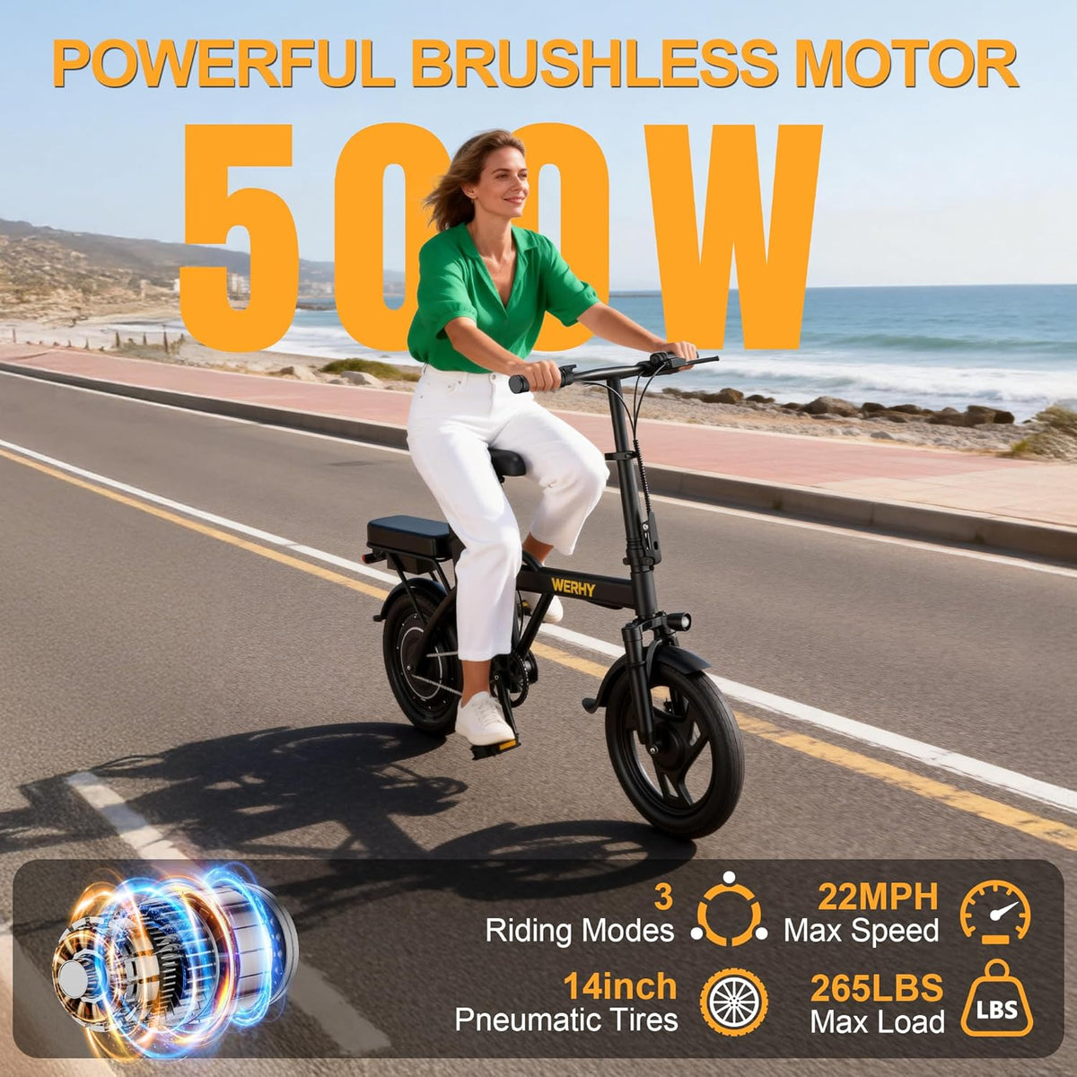 WERHY Electric Bike - 500W Motor, 22 MPH Max Speed, Folding Design, 14" Wheels, Up to 50 Miles Range