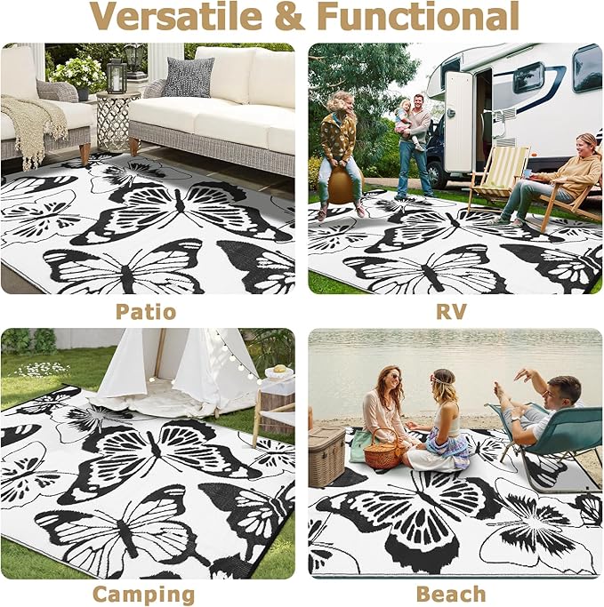 Beeiva Butterfly Outdoor Patio Rug 9x12, Waterproof Reversible Plastic Straw Rug, Outside Mats for Camping, Deck, Balcony, Backyard - Black & White