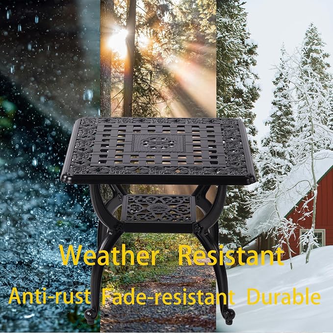 21" Cast Aluminum Outdoor Side Table,Small Patio Table,Outdoor Coffee Tables for Patio,Garden,Balcony, for All Weather (Black, Square)