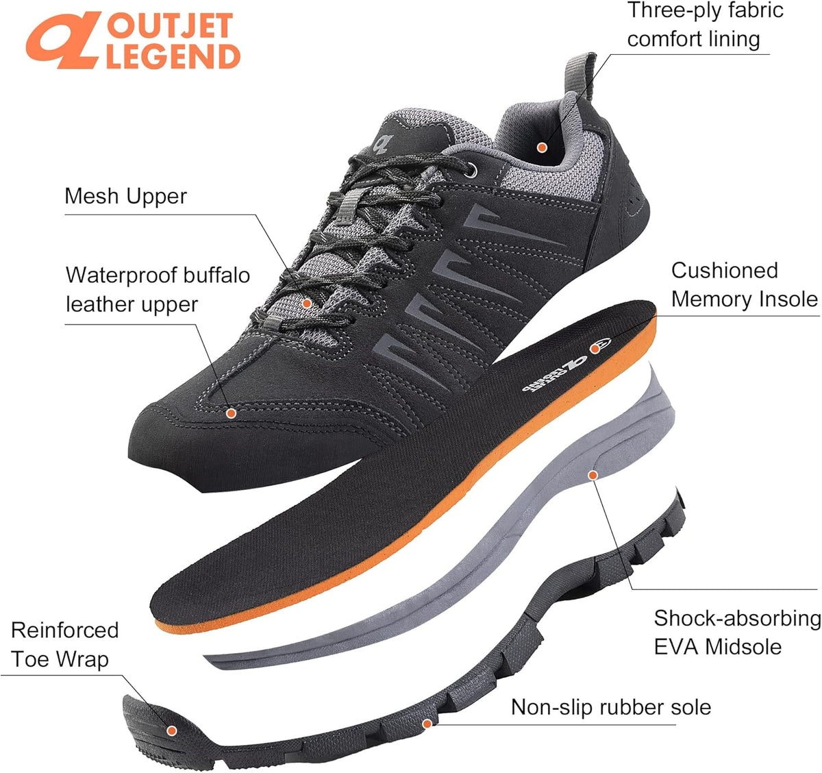 OL OUTJET LEGEND Men's Waterproof Hiking Shoes Leather Comfortable Lightweight Anti-Slip Outdoor Walking Work Sneakers