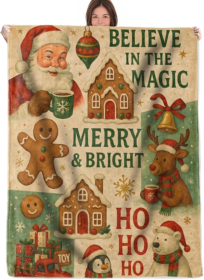 Christmas Throw Blanket Gifts for Boys Girls Kids Adults, Santa Reindeer Gingerbread Flannel Blankets for Travel Sofa Living Room Decor 50"X60"