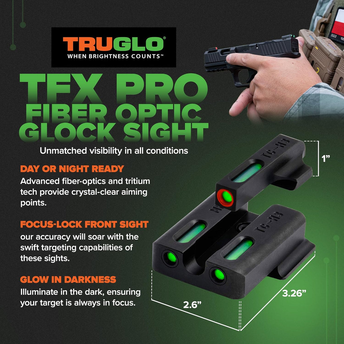 Truglo TFX PRO Night Sight for Handguns - Glowing Tritium & Fiber Optic, Compact & Durable