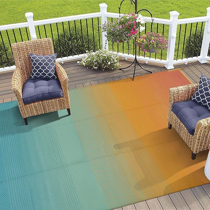 Anidaroel Ombre Camping Rug for Outside RV, 8x10ft Waterproof Outdoor Rug for Patio Clearance, Reversible Plastic Straw Outside Area Rug for Deck, Camper, Picnic, Beach(Orange&Blue, 8'x10')