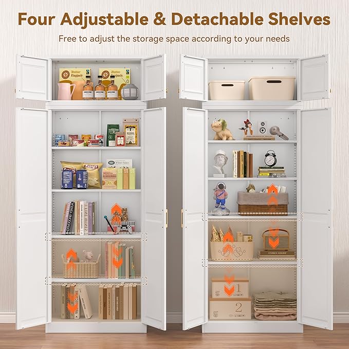 Kitchen Pantry Cabinet, 86 Inch Tall Metal Storage Cabinet, Food Pantry cabinets with Doors and Shelves, White Storage Cabinets for Living Room, Dining, Office, Bathroom, Assembly Required