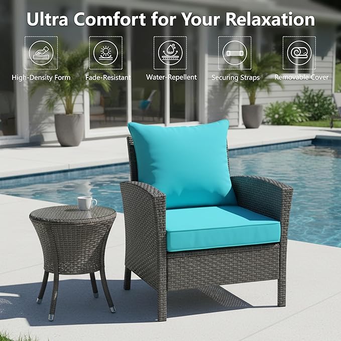 22x22 Inch Patio Chair Cushion with Removable Cover, Outdoor Furniture Cushion - Water-Repellent, Fade-Resistant, Non-Slip Bottom & Straps, Replacement for Lawn, Porch & Deck Chair - Teal