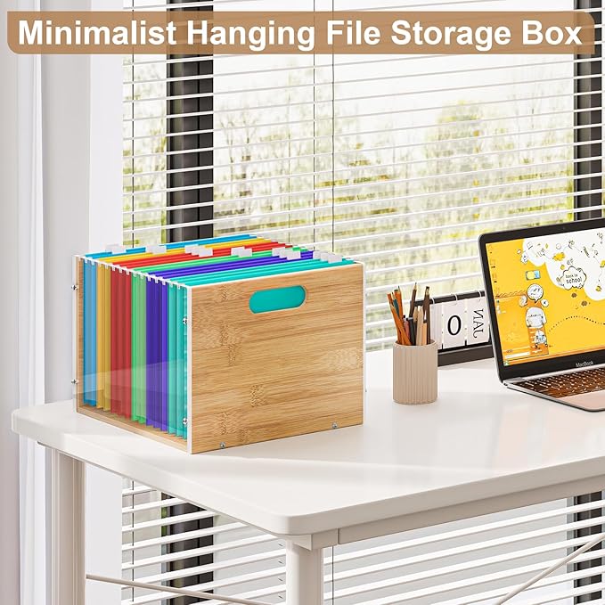Clear Acrylic File Box Organizer, Bamboo Hanging Folder Storage Boxes, Filing Crate Bin Holder with Handle for Home Office Desk, Letter Size
