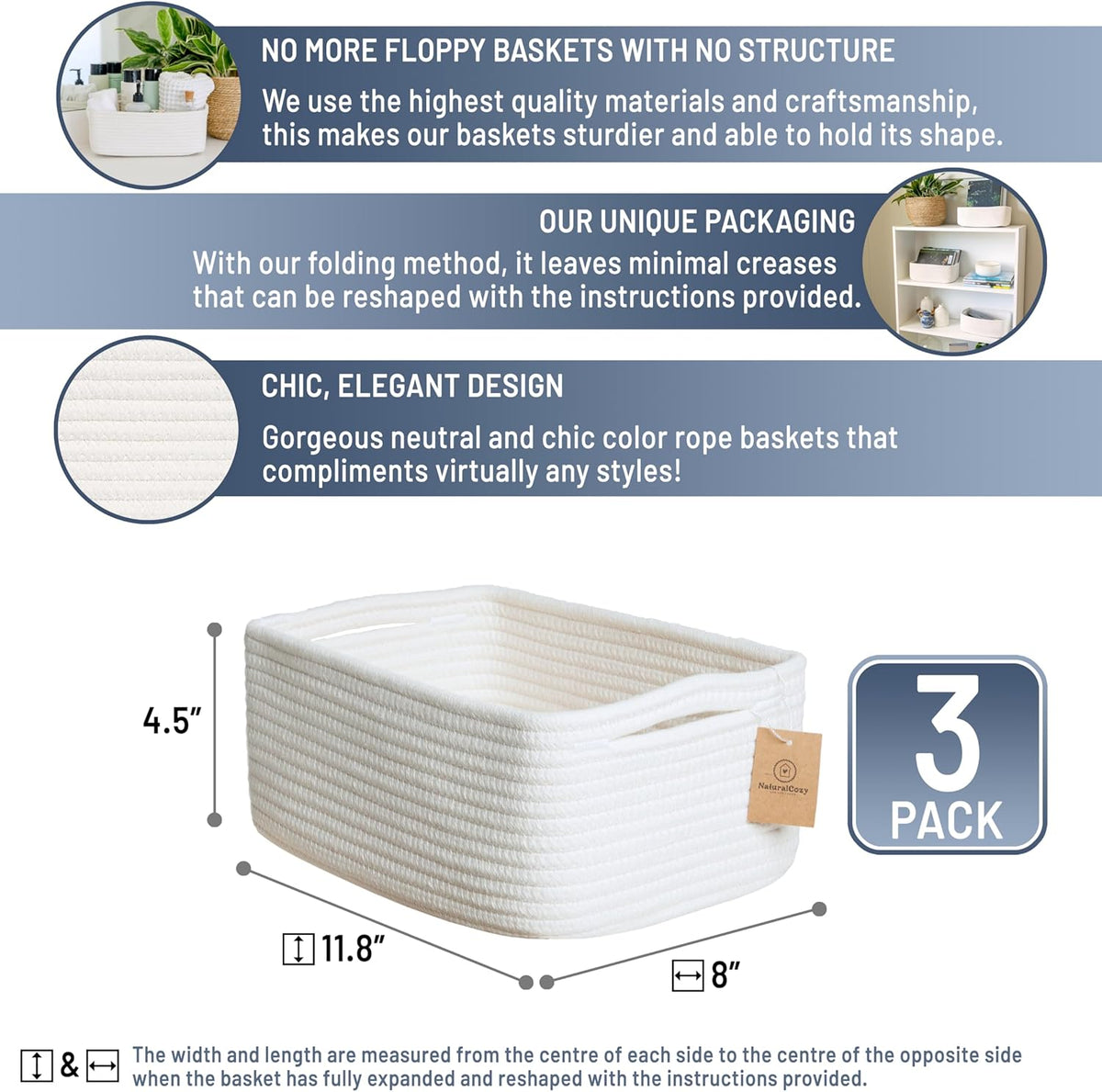 NaturalCozy 11.8"x8"x4.5” Storage Baskets for Shelves 3 Pack | Cotton Rope Woven Small Baskets for Organizing | Small Storage Bins for Nursery, Bathroom, Closet, Cube Shelf, Decorative, Gift Basket