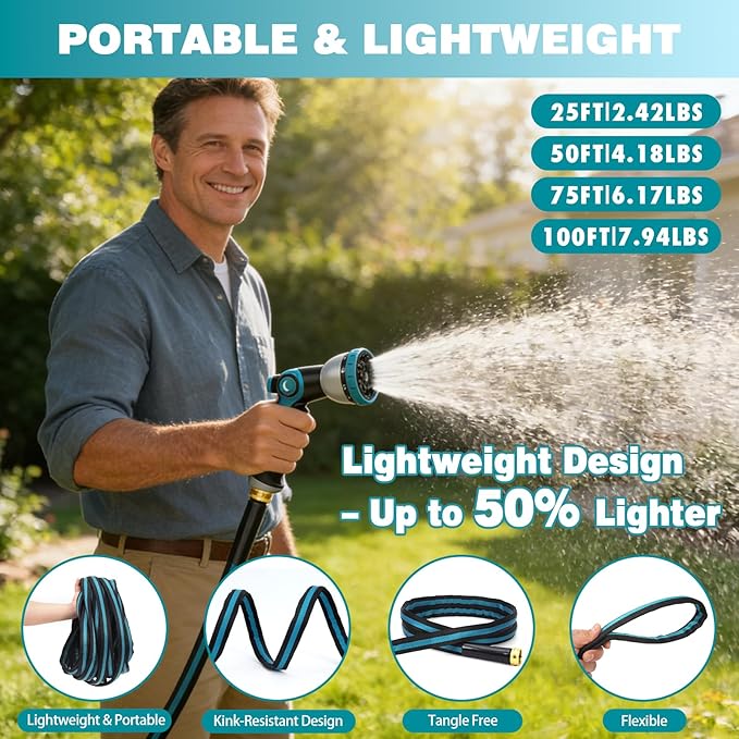 75FT Garden Hose, Kink-Free Non-Expandable Flexible Water Hose with 10-Pattern Spray Nozzle, Lightweight Leakproof Flat Hose with 3/4” Solid Brass Connector for Yard, Lawn & Outdoor Use