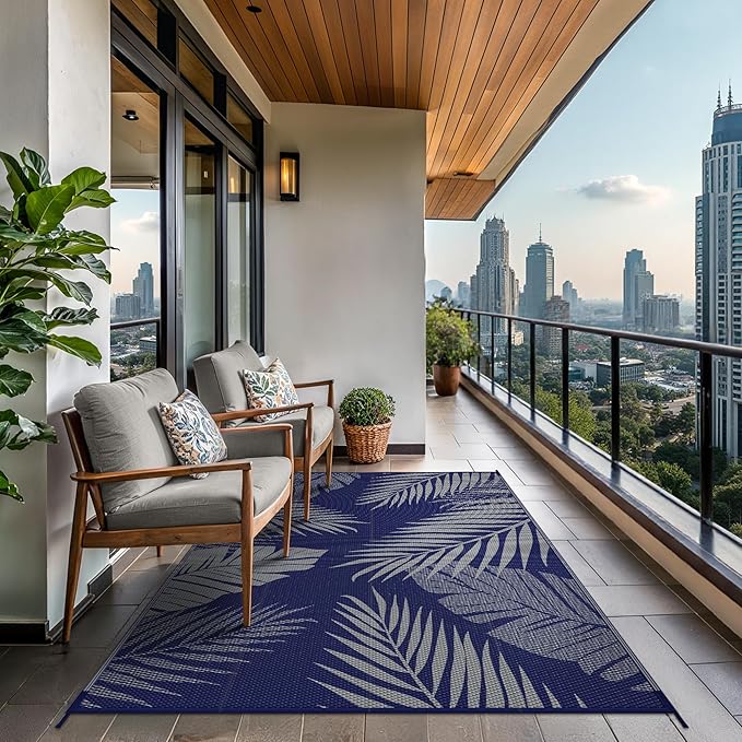 GENIMO Outdoor Rug 4' x 6' Waterproof for Patios Clearance, Reversible Outdoor Plastic Straw Camping Rug Carpet, Large Area Rugs Mats for RV, Camper, Deck, Balcony, Porch, Beach, Picnic Navy Blue&Grey