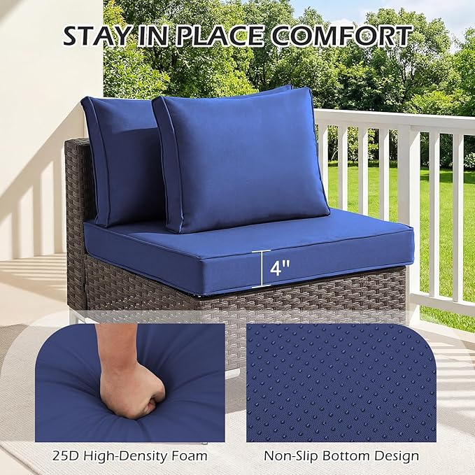 HOMREST 14-Piece Outdoor Patio Cushions, 25x25 Deep Seat Replacement, Water Resistant & Non-Slip for 6-Seat Wicker Sectional Sofa,Navy Blue
