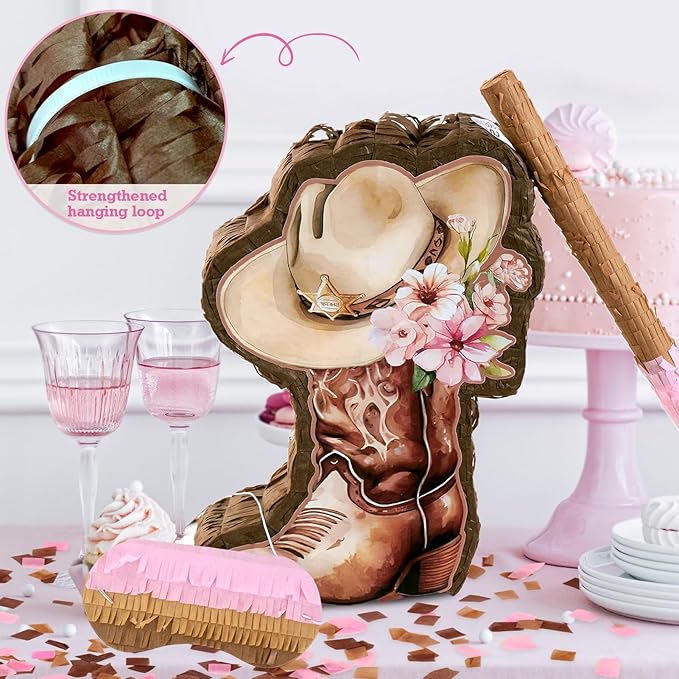 Cowgirl Pinata, Cute Western Horse Pinata for Birthday Girl party Favors, Pink Brown Boot pinata for Girls, Girls Birthday Party Decorations Supplies