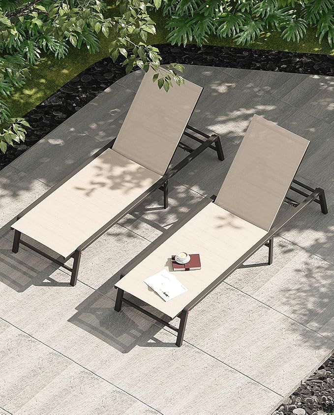 Aluminum Chaise Lounge Chair Outdoor, Foldable Patio Lounge Chair 2 Sets Assemble-Free, Pool Lounge Chairs with 5 Adjustable Backrest, Outdoor Lounge Chairs for Outside Poolside Beach Lawn Beige
