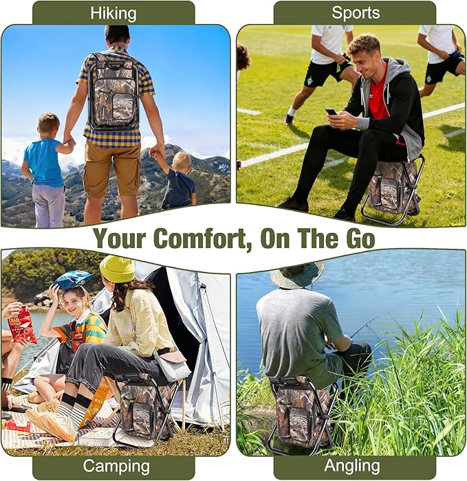 Kikerike Backpack Stool Cooler Chair Heavy Duty 300 LBS Max Load Portable Lightweight Stool Backpack Folding Fishing Cooler Seat for Camping Hunting Fishing - Woodland