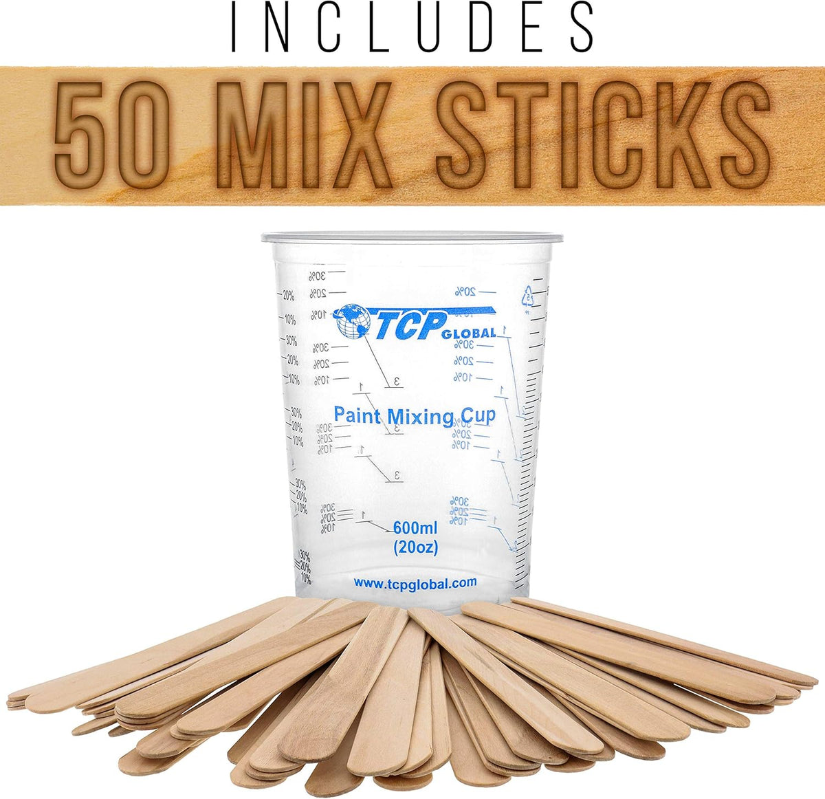 TCP Global 20 oz. (600ml) Graduated Plastic Mixing Cups - Box of 100 with 50 Mixing Sticks - Disposable Plastic Measuring Cups for Liquids, Paints, Resin, Epoxy, Art, Kitchen - Ratios 2-1, 3-1, 4-1 ML