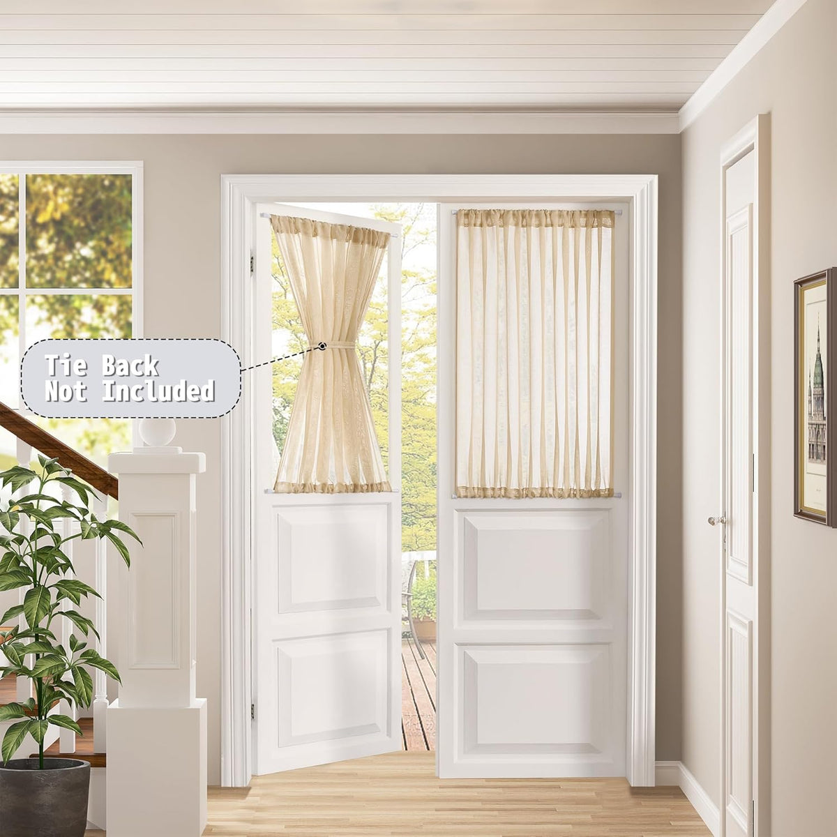 Tollpiz Short Sheer Door Curtains Closet Linen Textured Curtains Sheer Doorway Light Filtering Voile Patio Glass Door Rod Pocket Curtain French Door, 54 x 40 inches Long, Beige, Set of 1 Panel