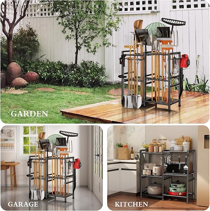 CICUFY Garden Tool Organizer Storage Metal Yard Tool Organizer Heavy Duty Garden Tool Rack Stand with 2 Extra Hooks, Up To 70 Long Handled Shovels/Rakes/Brooms Holder for Garage,Shed,Outdoor(Black)